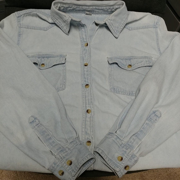 Distressed Jean Long Sleeve Shirt Women's Large Denim Worn w/Holes 100% Cotton - Picture 10 of 16